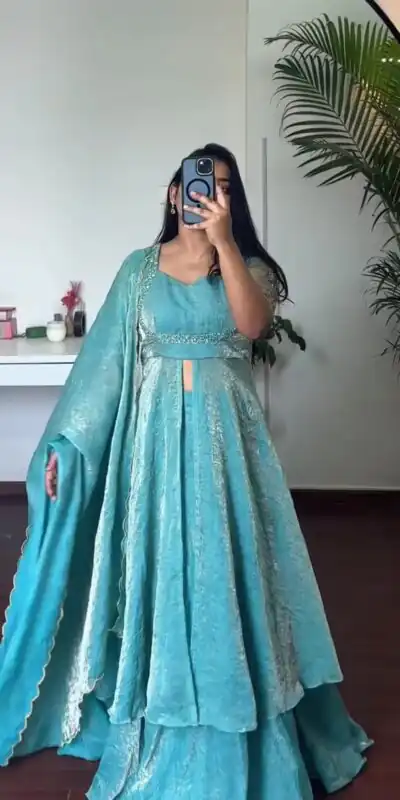 KD 1645 Blue Fendy Silk Gown with Embroidery Work & Sequins Work. Special Price ₹2399. Delivery 4-6 Working Days. Shop now. | Bollywood Gowns, Creative Gowns, Designer Gowns, Embroidered Gowns, Gowns, Party Wear Gowns