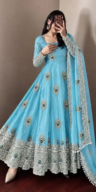 SRK 5372 Blue Fendy Silk Gown with Embroidery Work & Sequins Work. Special Price ₹2799. Delivery 4-6 Working Days. Shop now. | Bollywood Gowns, Creative Gowns, Designer Gowns, Embroidered Gowns, Gowns, Party Wear Gowns