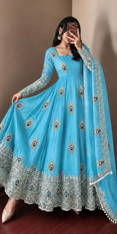SRK 5372 Blue Fendy Silk Gown with Embroidery Work & Sequins Work. Special Price ₹2799. Delivery 4-6 Working Days. Shop now. | Bollywood Gowns, Creative Gowns, Designer Gowns, Embroidered Gowns, Gowns, Party Wear Gowns