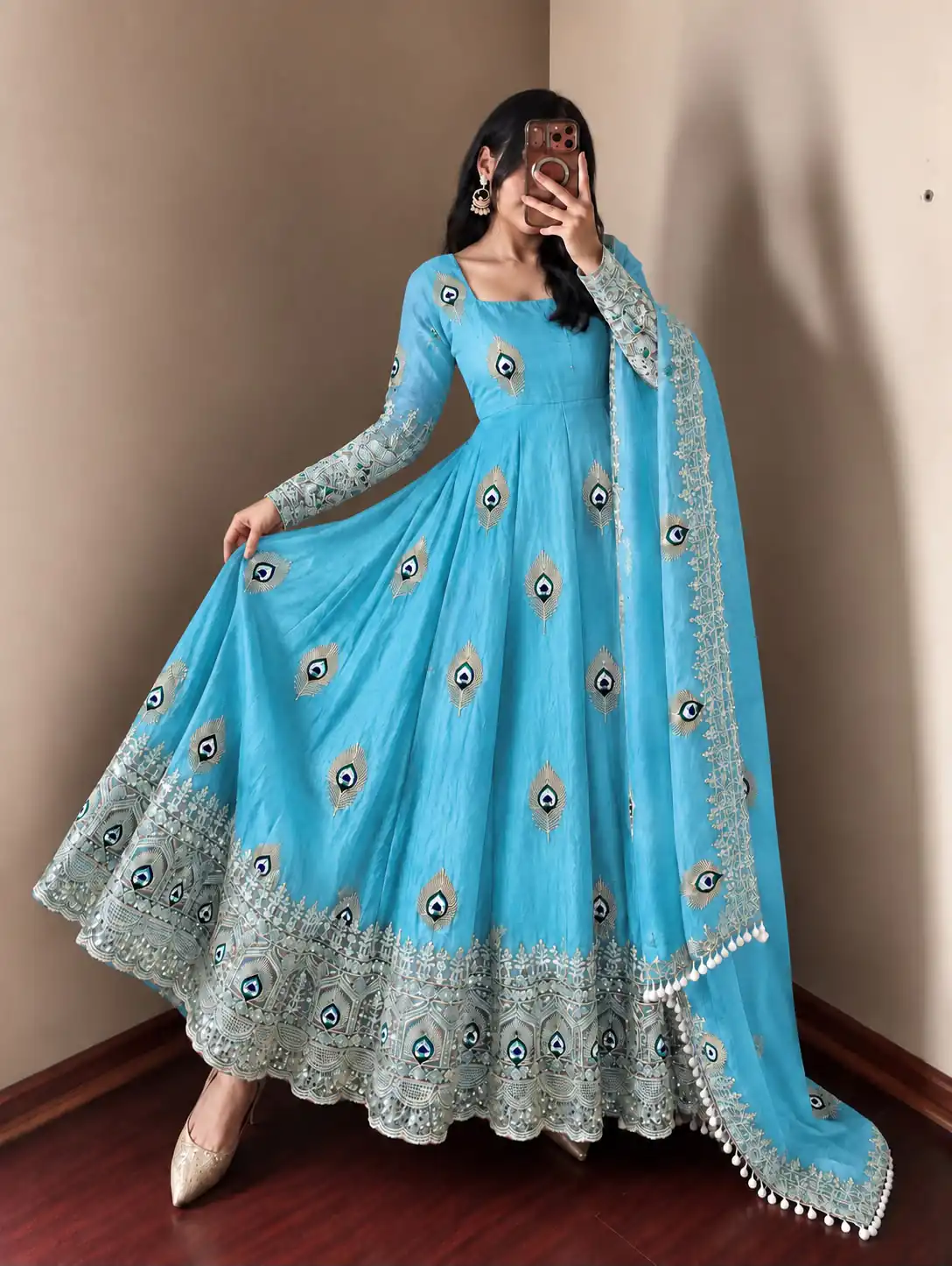 SRK 5372 Blue Fendy Silk Gown with Embroidery Work & Sequins Work. Special Price ₹2799. Delivery 4-6 Working Days. Shop now. | Bollywood Gowns, Creative Gowns, Designer Gowns, Embroidered Gowns, Gowns, Party Wear Gowns