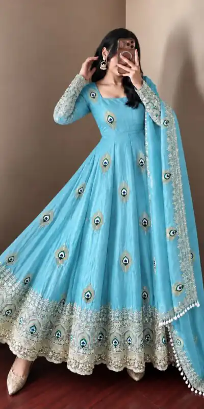 SRK 5372 Blue Fendy Silk Gown with Embroidery Work & Sequins Work. Special Price ₹2799. Delivery 4-6 Working Days. Shop now. | Bollywood Gowns, Creative Gowns, Designer Gowns, Embroidered Gowns, Gowns, Party Wear Gowns