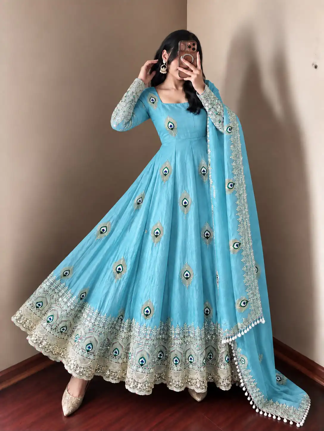SRK 5372 Blue Fendy Silk Gown with Embroidery Work & Sequins Work. Special Price ₹2799. Delivery 4-6 Working Days. Shop now. | Bollywood Gowns, Creative Gowns, Designer Gowns, Embroidered Gowns, Gowns, Party Wear Gowns