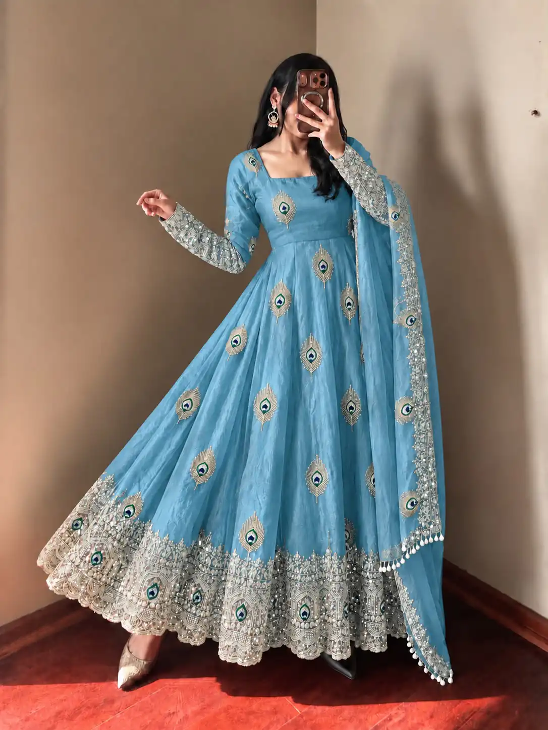 SRK 5372 Blue Fendy Silk Gown with Embroidery Work & Sequins Work. Special Price ₹2799. Delivery 4-6 Working Days. Shop now. | Bollywood Gowns, Creative Gowns, Designer Gowns, Embroidered Gowns, Gowns, Party Wear Gowns
