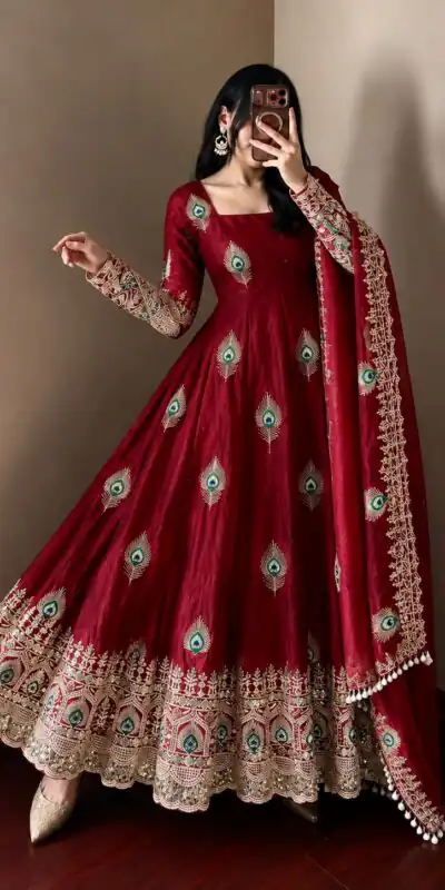 SRK 5372 Maroon Fendy Silk Gown with Embroidery Work & Sequins Work. Special Price ₹2799. Delivery 4-6 Working Days. Shop now. | Bollywood Gowns, Creative Gowns, Designer Gowns, Embroidered Gowns, Gowns, Party Wear Gowns