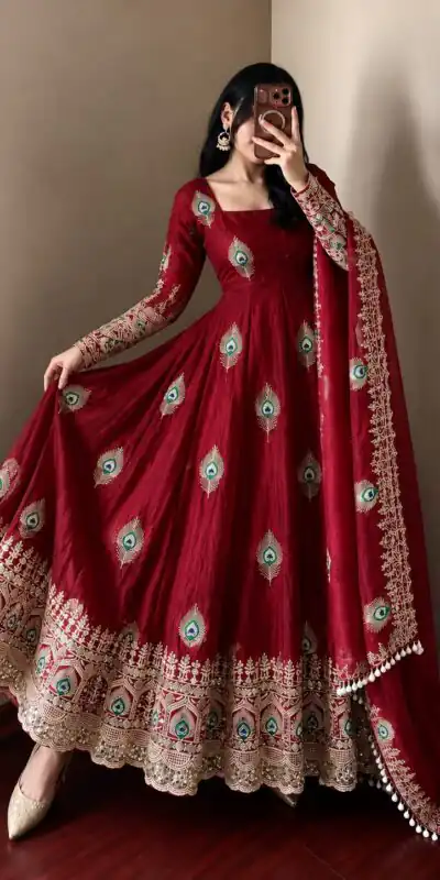 SRK 5372 Maroon Fendy Silk Gown with Embroidery Work & Sequins Work. Special Price ₹2799. Delivery 4-6 Working Days. Shop now. | Bollywood Gowns, Creative Gowns, Designer Gowns, Embroidered Gowns, Gowns, Party Wear Gowns