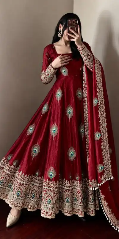 SRK 5372 Maroon Fendy Silk Gown with Embroidery Work & Sequins Work. Special Price ₹2799. Delivery 4-6 Working Days. Shop now. | Bollywood Gowns, Creative Gowns, Designer Gowns, Embroidered Gowns, Gowns, Party Wear Gowns