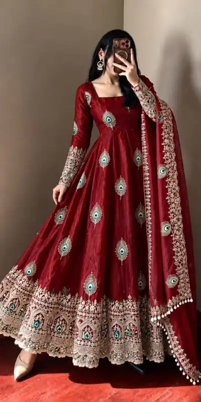 SRK 5372 Maroon Fendy Silk Gown with Embroidery Work & Sequins Work. Special Price ₹2799. Delivery 4-6 Working Days. Shop now. | Bollywood Gowns, Creative Gowns, Designer Gowns, Embroidered Gowns, Gowns, Party Wear Gowns