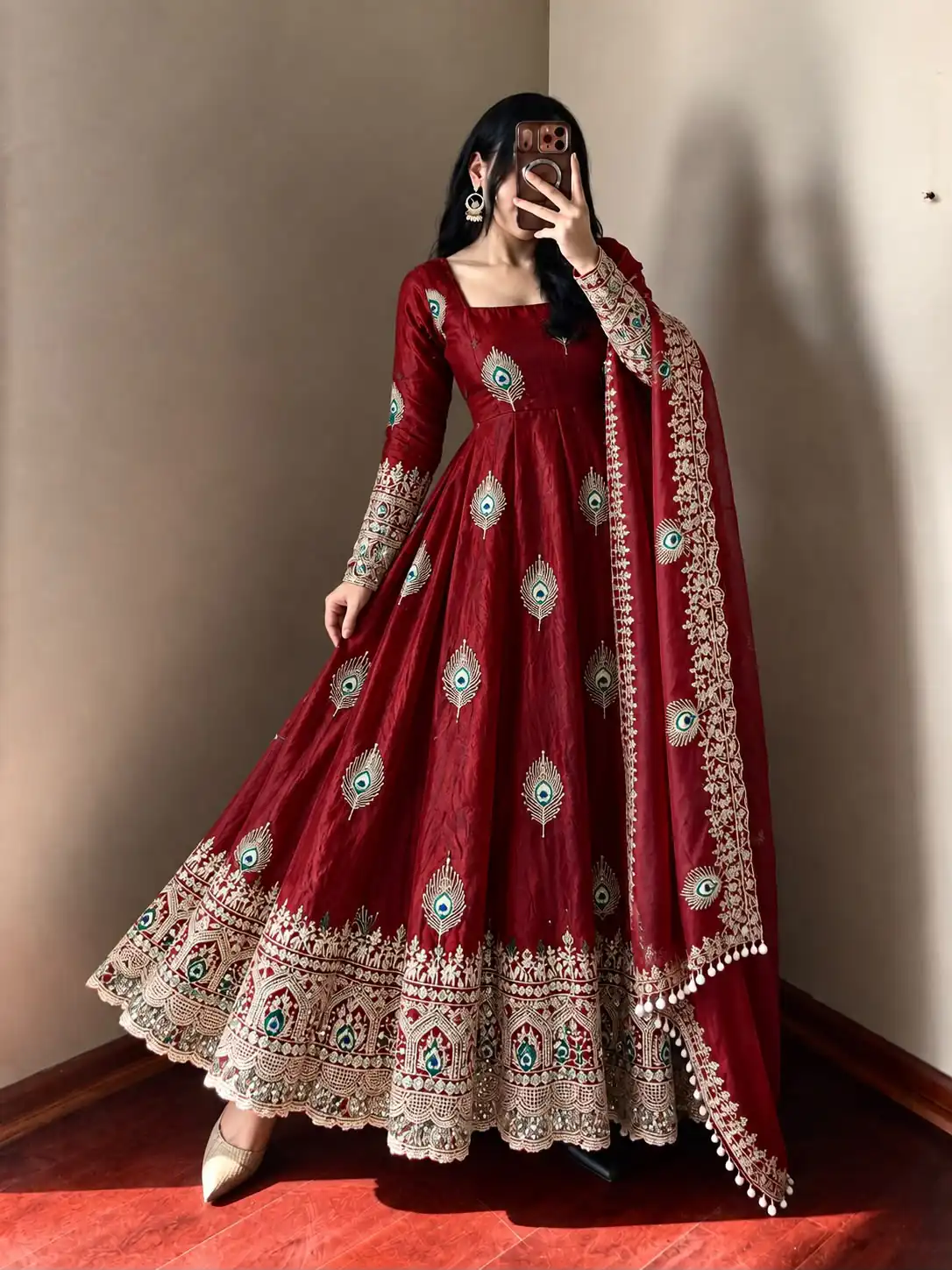 SRK 5372 Maroon Fendy Silk Gown with Embroidery Work & Sequins Work. Special Price ₹2799. Delivery 4-6 Working Days. Shop now. | Bollywood Gowns, Creative Gowns, Designer Gowns, Embroidered Gowns, Gowns, Party Wear Gowns