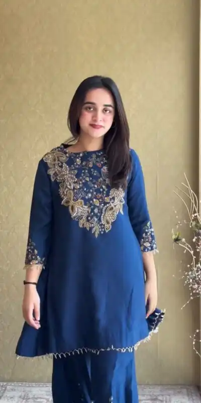 ST 1206 Navy Blue Malay Crepe Kurti with Embroidery Work & Bead Work. Available at ₹2199 only. Delivery 4-6 Working Days. Shop now. | Bollywood Kurti, Creative Kurtis, Designer Kurti, Kurti, Party Wear Kurti, Selfie Kurti