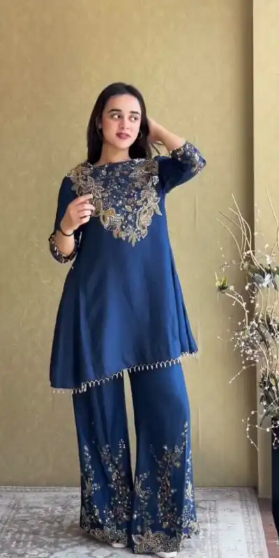 ST 1206 Navy Blue Malay Crepe Kurti with Embroidery Work & Bead Work. Available at ₹2199 only. Delivery 4-6 Working Days. Shop now. | Bollywood Kurti, Creative Kurtis, Designer Kurti, Kurti, Party Wear Kurti, Selfie Kurti