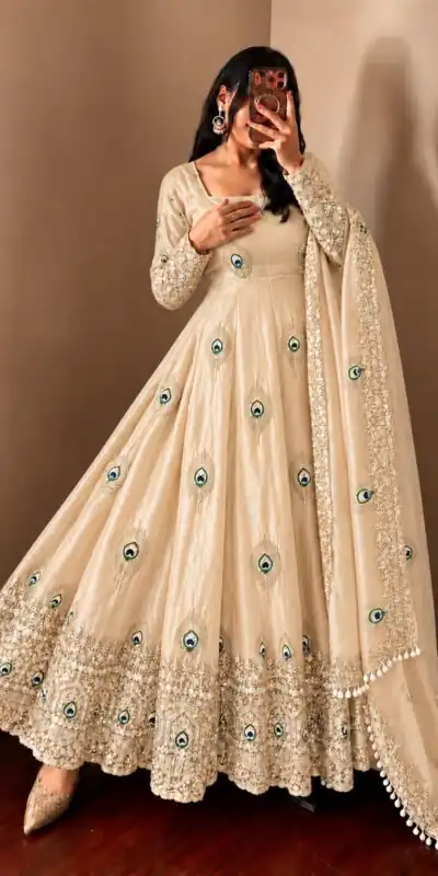 SRK 5372 Off White Fendy Silk Gown with Embroidery Work & Sequins Work. Special Price ₹2799. Delivery 4-6 Working Days. Shop now. | Bollywood Gowns, Creative Gowns, Designer Gowns, Embroidered Gowns, Gowns, Party Wear Gowns