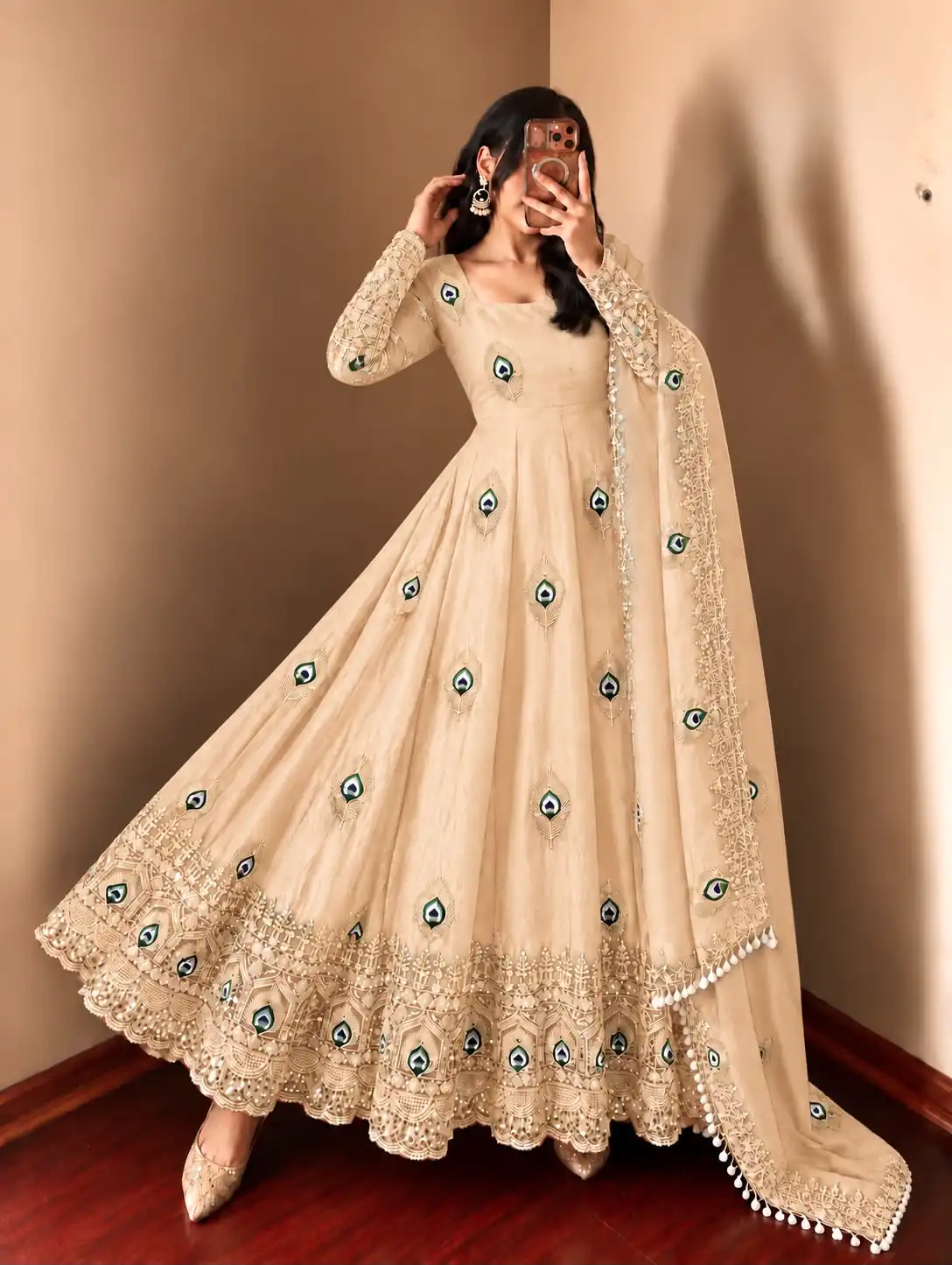 SRK 5372 Off White Fendy Silk Gown with Embroidery Work & Sequins Work. Special Price ₹2799. Delivery 4-6 Working Days. Shop now. | Bollywood Gowns, Creative Gowns, Designer Gowns, Embroidered Gowns, Gowns, Party Wear Gowns
