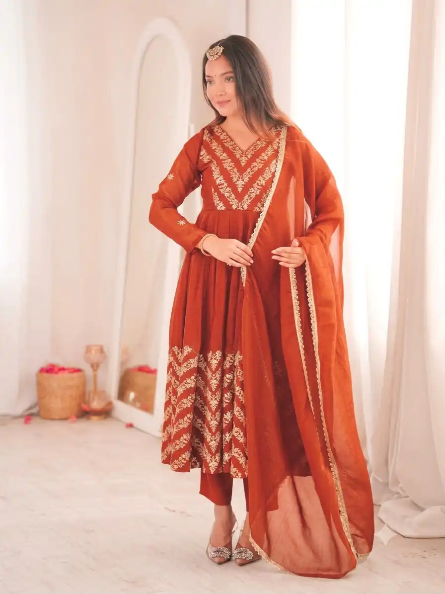 JF 050 Orange Embroidery Work & Sequins Work Salwar Suit in Peach Crunchy Silk. Festive Deal ₹2099. Delivery 4-6 Working Days. Shop now. | Anarkali Suits, Bollywood Anarkali, Creative-Anarkali, Designer Anarkali, Embroidered Anarkali, Party Wear Anarkali