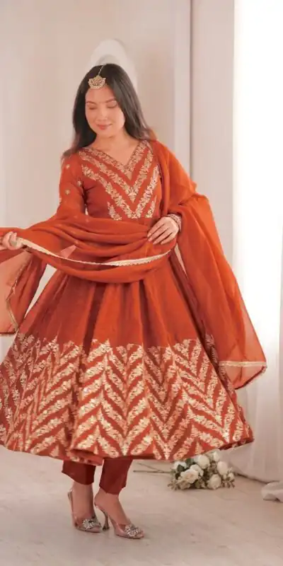 JF 050 Orange Embroidery Work & Sequins Work Salwar Suit in Peach Crunchy Silk. Festive Deal ₹2099. Delivery 4-6 Working Days. Shop now. | Anarkali Suits, Bollywood Anarkali, Creative-Anarkali, Designer Anarkali, Embroidered Anarkali, Party Wear Anarkali