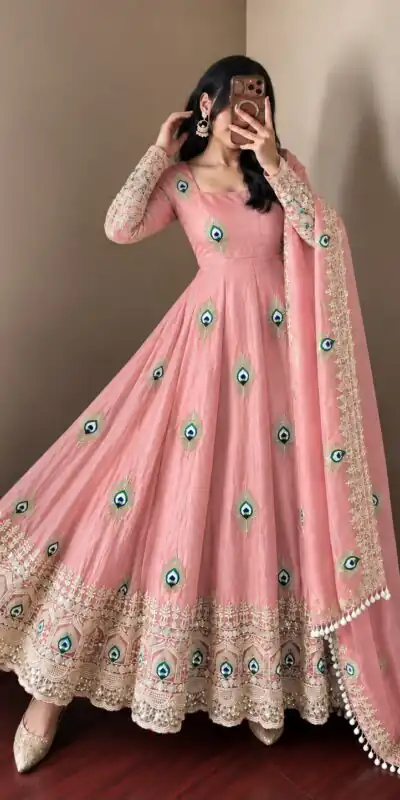 SRK 5372 Peach Fendy Silk Gown with Embroidery Work & Sequins Work. Special Price ₹2799. Delivery 4-6 Working Days. Shop now. | Bollywood Gowns, Creative Gowns, Designer Gowns, Embroidered Gowns, Gowns, Party Wear Gowns