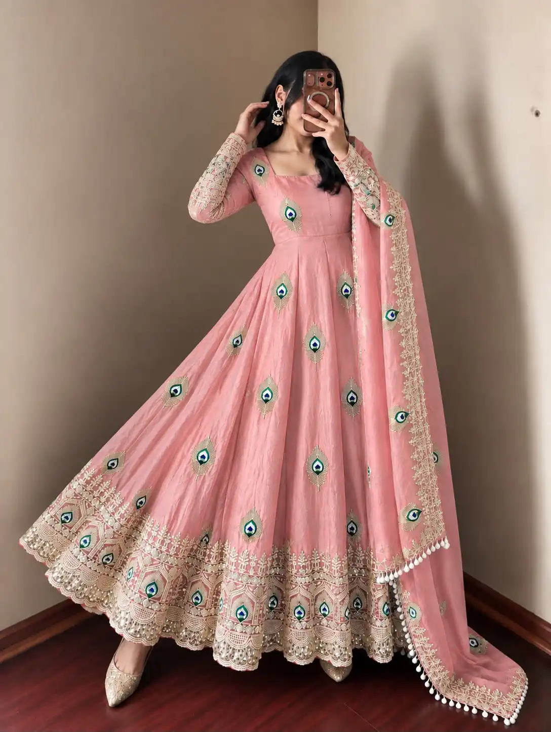 SRK 5372 Peach Fendy Silk Gown with Embroidery Work & Sequins Work. Special Price ₹2799. Delivery 4-6 Working Days. Shop now. | Bollywood Gowns, Creative Gowns, Designer Gowns, Embroidered Gowns, Gowns, Party Wear Gowns