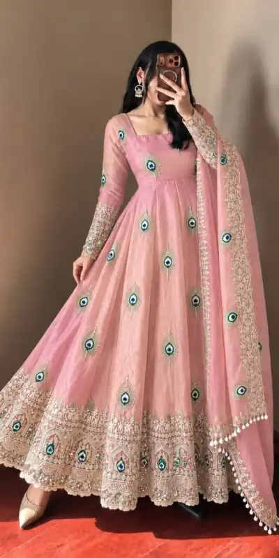 SRK 5372 Peach Fendy Silk Gown with Embroidery Work & Sequins Work. Special Price ₹2799. Delivery 4-6 Working Days. Shop now. | Bollywood Gowns, Creative Gowns, Designer Gowns, Embroidered Gowns, Gowns, Party Wear Gowns