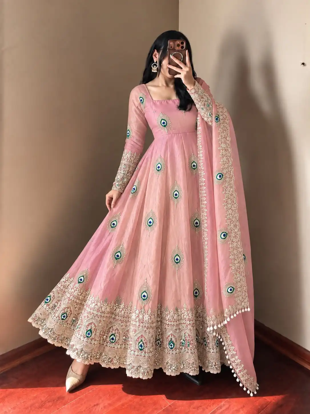 SRK 5372 Peach Fendy Silk Gown with Embroidery Work & Sequins Work. Special Price ₹2799. Delivery 4-6 Working Days. Shop now. | Bollywood Gowns, Creative Gowns, Designer Gowns, Embroidered Gowns, Gowns, Party Wear Gowns