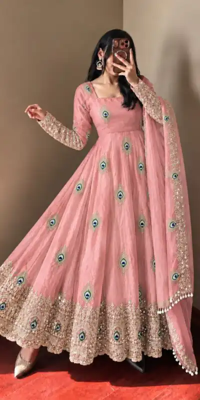 SRK 5372 Peach Fendy Silk Gown with Embroidery Work & Sequins Work. Special Price ₹2799. Delivery 4-6 Working Days. Shop now. | Bollywood Gowns, Creative Gowns, Designer Gowns, Embroidered Gowns, Gowns, Party Wear Gowns