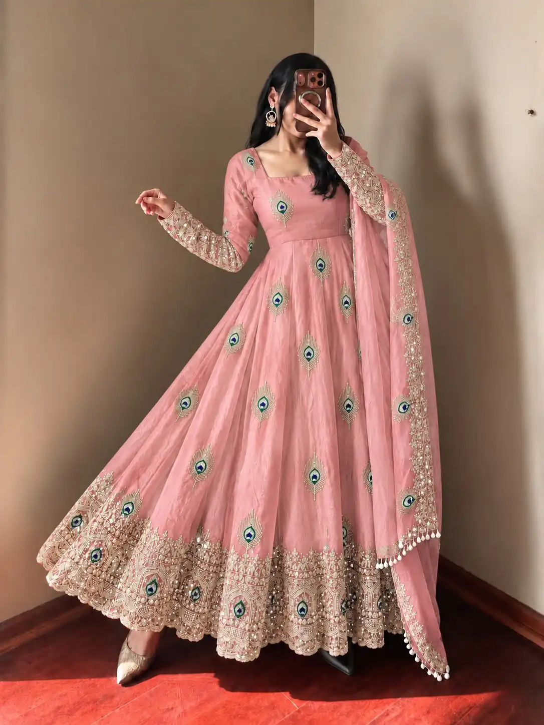 SRK 5372 Peach Fendy Silk Gown with Embroidery Work & Sequins Work. Special Price ₹2799. Delivery 4-6 Working Days. Shop now. | Bollywood Gowns, Creative Gowns, Designer Gowns, Embroidered Gowns, Gowns, Party Wear Gowns