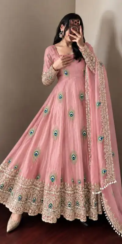 SRK 5372 Peach Fendy Silk Gown with Embroidery Work & Sequins Work. Special Price ₹2799. Delivery 4-6 Working Days. Shop now. | Bollywood Gowns, Creative Gowns, Designer Gowns, Embroidered Gowns, Gowns, Party Wear Gowns