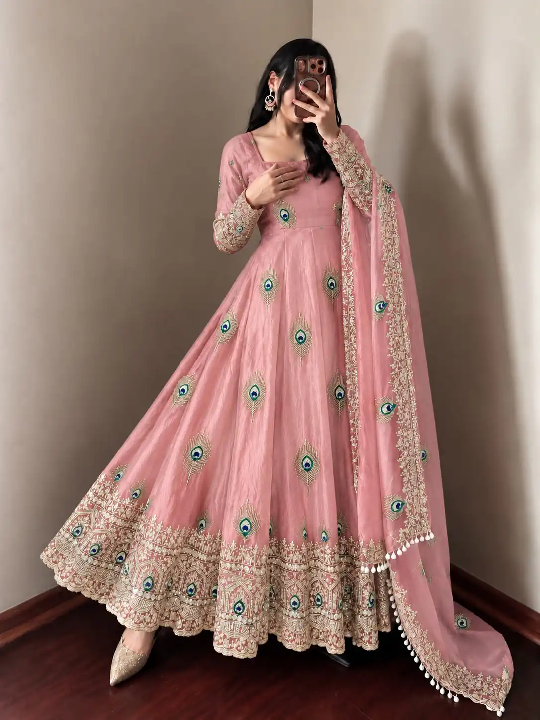SRK 5372 Peach Fendy Silk Gown with Embroidery Work & Sequins Work. Special Price ₹2799. Delivery 4-6 Working Days. Shop now. | Bollywood Gowns, Creative Gowns, Designer Gowns, Embroidered Gowns, Gowns, Party Wear Gowns