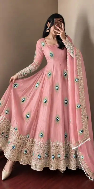 SRK 5372 Peach Fendy Silk Gown with Embroidery Work & Sequins Work. Special Price ₹2799. Delivery 4-6 Working Days. Shop now. | Bollywood Gowns, Creative Gowns, Designer Gowns, Embroidered Gowns, Gowns, Party Wear Gowns