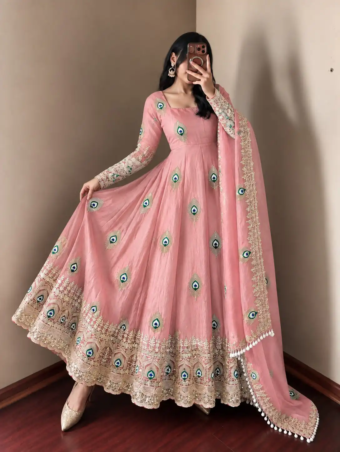 SRK 5372 Peach Fendy Silk Gown with Embroidery Work & Sequins Work. Special Price ₹2799. Delivery 4-6 Working Days. Shop now. | Bollywood Gowns, Creative Gowns, Designer Gowns, Embroidered Gowns, Gowns, Party Wear Gowns