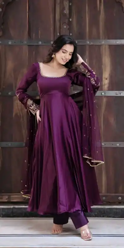 SRK 5373 Purple Upada Silk Gown Perfect for Wedding, Party, Onam, Housewarming, Durga Puja –. Grab it for ₹2199. Delivery 4-6 Working Days. Shop now. | Bollywood Gowns, Creative Gowns, Designer Gowns, Embroidered Gowns, Gowns, Party Wear Gowns