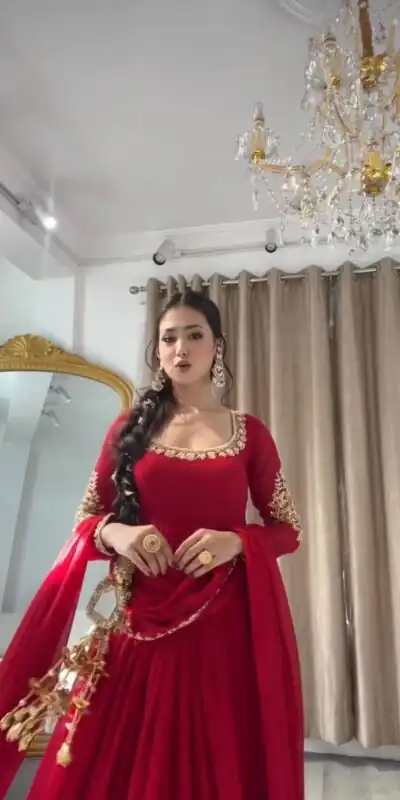ZSR 3191 Red Faux Georgette Gown with Mirror Work & Embroidery Work. Get it for ₹2399. Delivery 4-6 Working Days. Online Shop now. | Bollywood Gowns, Creative Gowns, Designer Gowns, Embroidered Gowns, Gowns, Party Wear Gowns