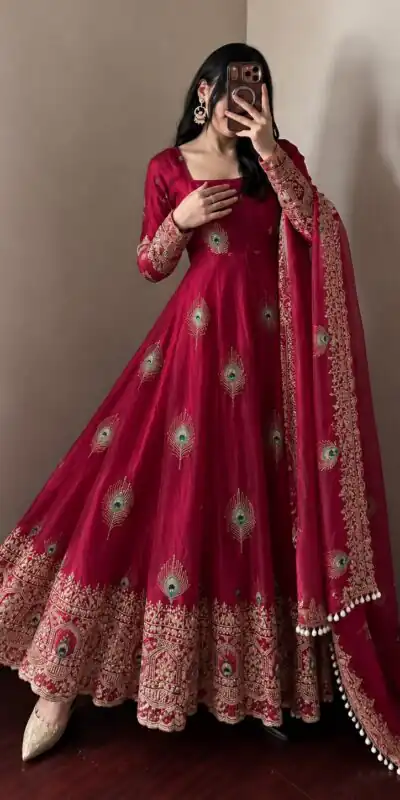 SRK 5372 Red Fendy Silk Gown with Embroidery Work & Sequins Work. Special Price ₹2799. Delivery 4-6 Working Days. Shop now. | Bollywood Gowns, Creative Gowns, Designer Gowns, Embroidered Gowns, Gowns, Party Wear Gowns
