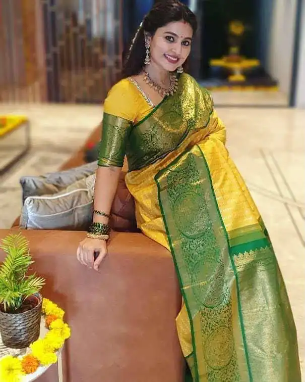 KPR 147 Yellow Soft Lichi Silk Saree with Lace Work & Lace Border. Introductory Price ₹1649. Delivery 4-6 Working Days. Shop now. | Bollywood Sarees, Creative Sarees, Designer Sarees, Embroidered Sarees, Ethnic Saree, Modern Digital sarees, Party Wear Sarees, Sarees