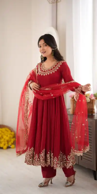 SR 1723 Maroon Doremon Crush Gown with Lace Work & Mirror Work. Exclusive Offer ₹2449. Delivery 4-6 Working Days. Shop now. | Bollywood Gowns, Creative Gowns, Designer Gowns, Embroidered Gowns, Gowns, Party Wear Gowns