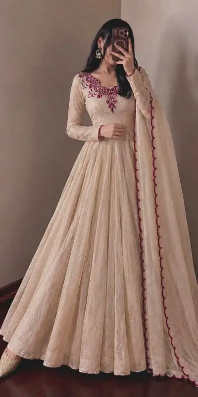 JF 058 Maroon Doremon Crush Gown with Lace Work & Mirror Work. Exclusive Offer ₹2399. Delivery 4-6 Working Days. Shop now. | Bollywood Gowns, Creative Gowns, Designer Gowns, Embroidered Gowns, Gowns, Party Wear Gowns