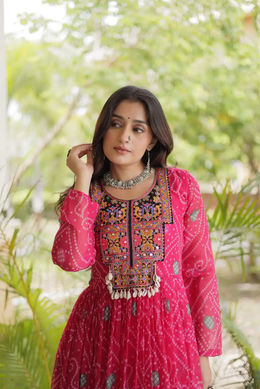 KA 1276 Pink in Colour Faux Georgette Bandhani Print Work Gown. Available at ₹2069 only. Delivery 4-6 Working Days. Shop now. | Bollywood Gowns, Creative Gowns, Designer Gowns, Embroidered Gowns, Gowns, Party Wear Gowns