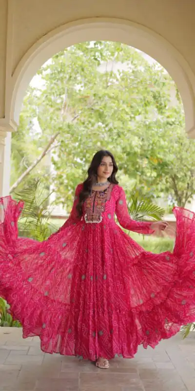 KA 1276 Pink in Colour Faux Georgette Bandhani Print Work Gown. Available at ₹2069 only. Delivery 4-6 Working Days. Shop now. | Bollywood Gowns, Creative Gowns, Designer Gowns, Embroidered Gowns, Gowns, Party Wear Gowns