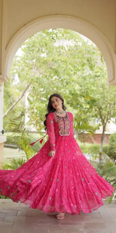 KA 1276 Pink in Colour Faux Georgette Bandhani Print Work Gown. Available at ₹2069 only. Delivery 4-6 Working Days. Shop now. | Bollywood Gowns, Creative Gowns, Designer Gowns, Embroidered Gowns, Gowns, Party Wear Gowns
