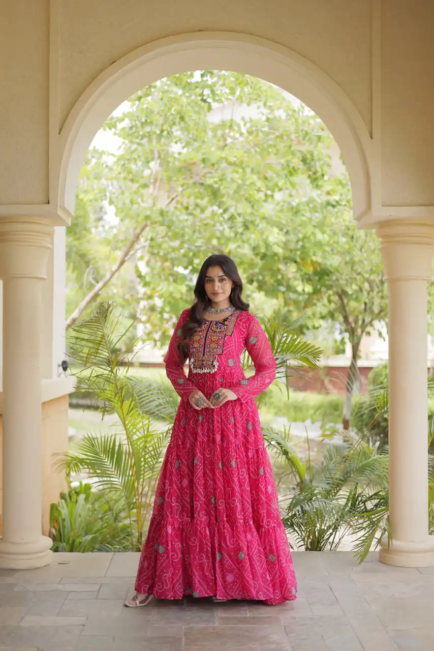 KA 1276 Pink in Colour Faux Georgette Bandhani Print Work Gown. Available at ₹2069 only. Delivery 4-6 Working Days. Shop now. | Bollywood Gowns, Creative Gowns, Designer Gowns, Embroidered Gowns, Gowns, Party Wear Gowns