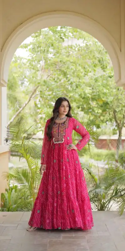 KA 1276 Pink in Colour Faux Georgette Bandhani Print Work Gown. Available at ₹2069 only. Delivery 4-6 Working Days. Shop now. | Bollywood Gowns, Creative Gowns, Designer Gowns, Embroidered Gowns, Gowns, Party Wear Gowns