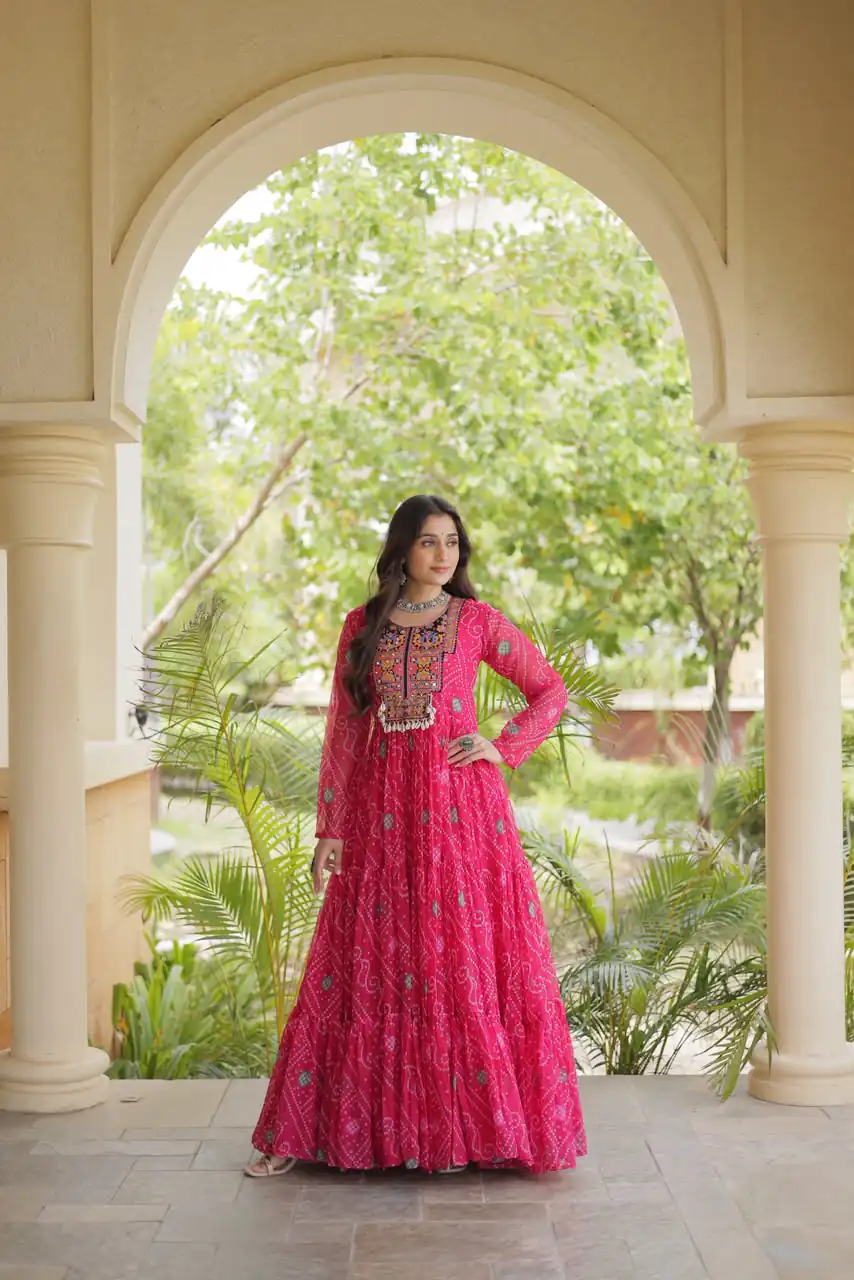 KA 1276 Pink in Colour Faux Georgette Bandhani Print Work Gown. Available at ₹2069 only. Delivery 4-6 Working Days. Shop now. | Bollywood Gowns, Creative Gowns, Designer Gowns, Embroidered Gowns, Gowns, Party Wear Gowns