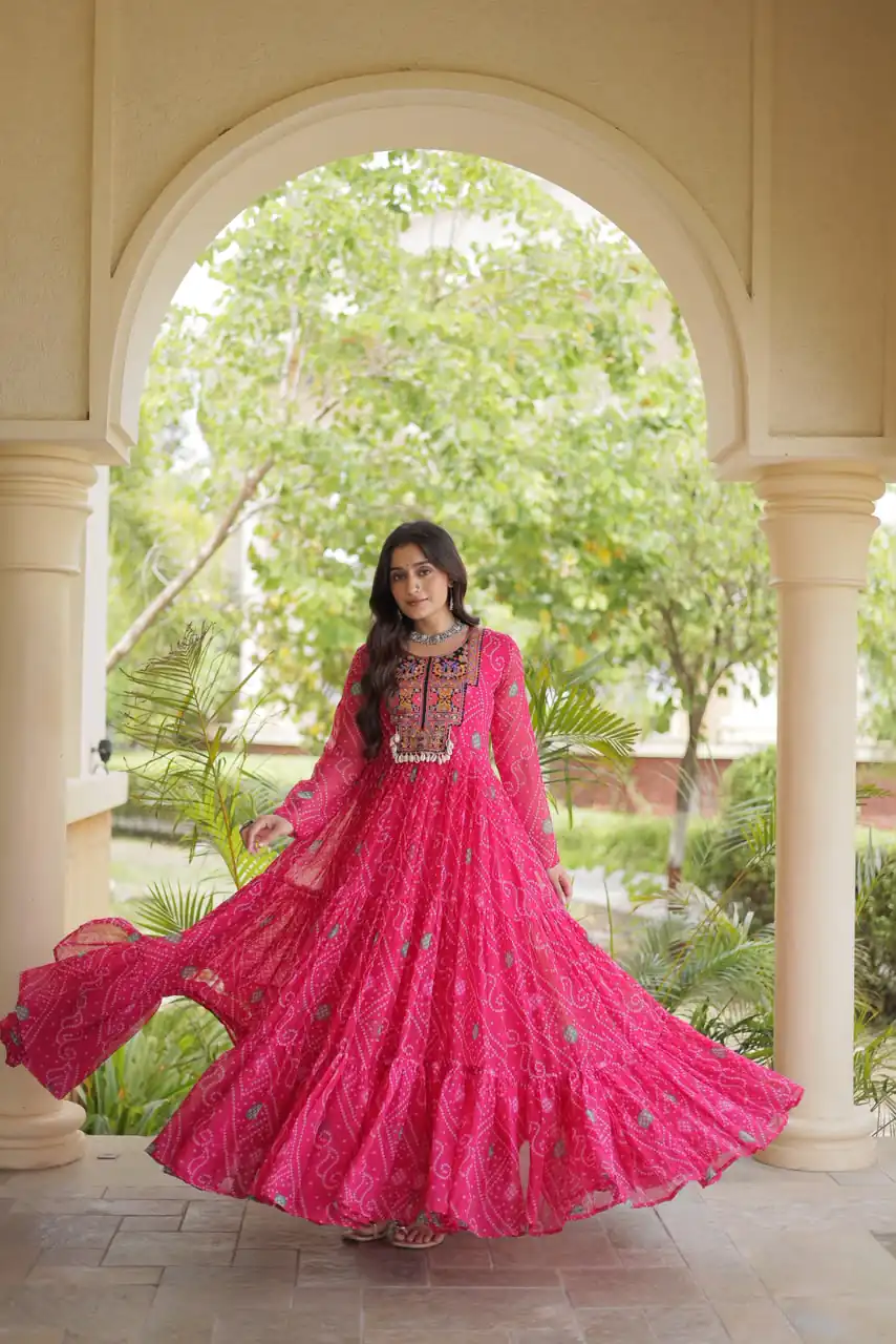 KA 1276 Pink in Colour Faux Georgette Bandhani Print Work Gown. Available at ₹2069 only. Delivery 4-6 Working Days. Shop now. | Bollywood Gowns, Creative Gowns, Designer Gowns, Embroidered Gowns, Gowns, Party Wear Gowns