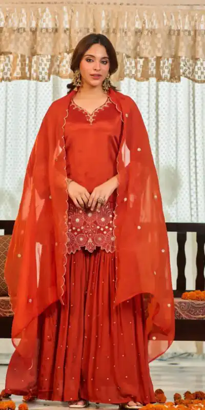 ZB 5079 Rust Chinon Silk Salwar Suit with Embroidery Work & Sequins Work. Get it for ₹2199. Delivery 4-6 Working Days. Shop now. | Jump Suits, Straight Suits, Casual Suits, Creative suits, Designer Suits, Palazzo Suits, Party Wear Suits, Patiala Suits, Salwar suit