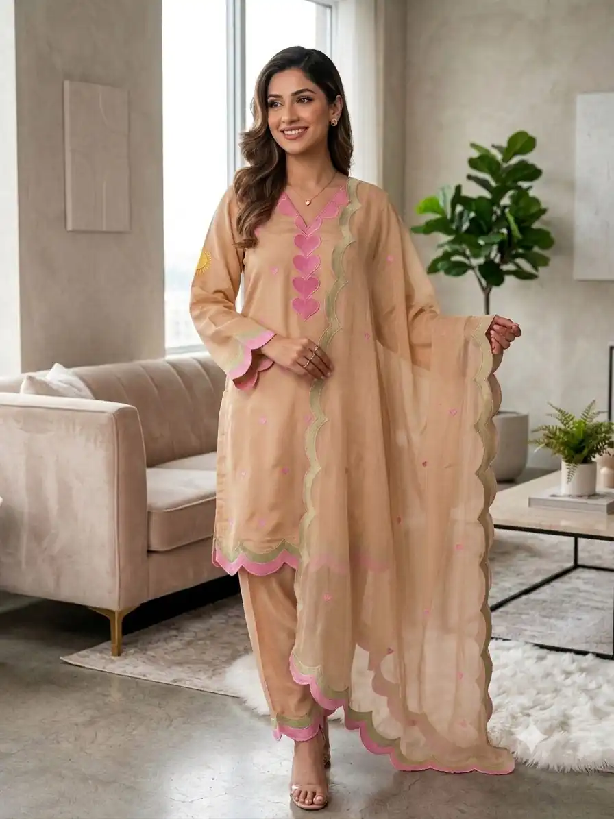 BE 490 Chiku Mul Chanderi Salwar Suit with Embroidery Work & Sequins Work. Festive Deal ₹2399. Delivery 4-6 Working Days. Shop nowp | Jump Suits, Straight Suits, Casual Suits, Creative suits, Designer Suits, Palazzo Suits, Party Wear Suits, Patiala Suits, Salwar suit