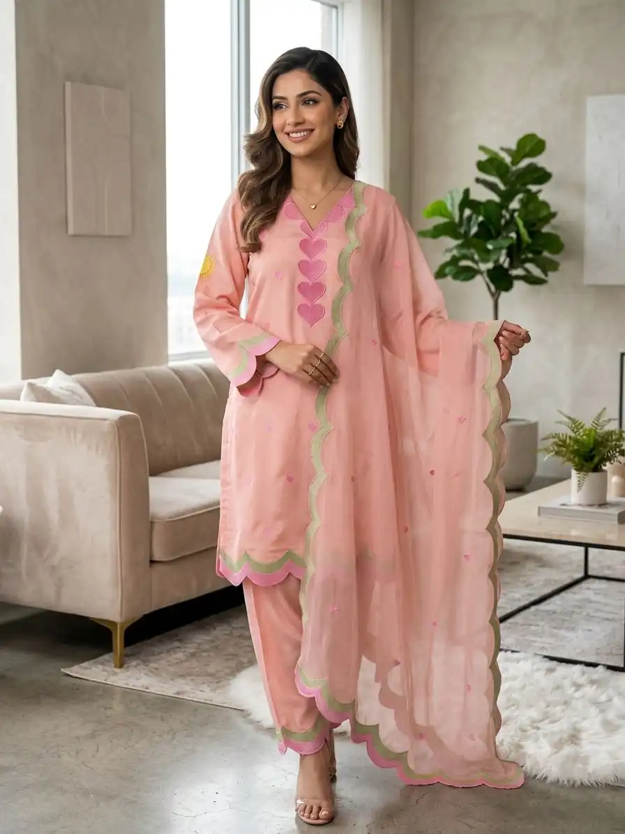BE 490 Peach Mul Chanderi Salwar Suit with Embroidery Work & Sequins Work. Festive Deal ₹2399. Delivery 4-6 Working Days. Shop nowp | Jump Suits, Straight Suits, Casual Suits, Creative suits, Designer Suits, Palazzo Suits, Party Wear Suits, Patiala Suits, Salwar suit
