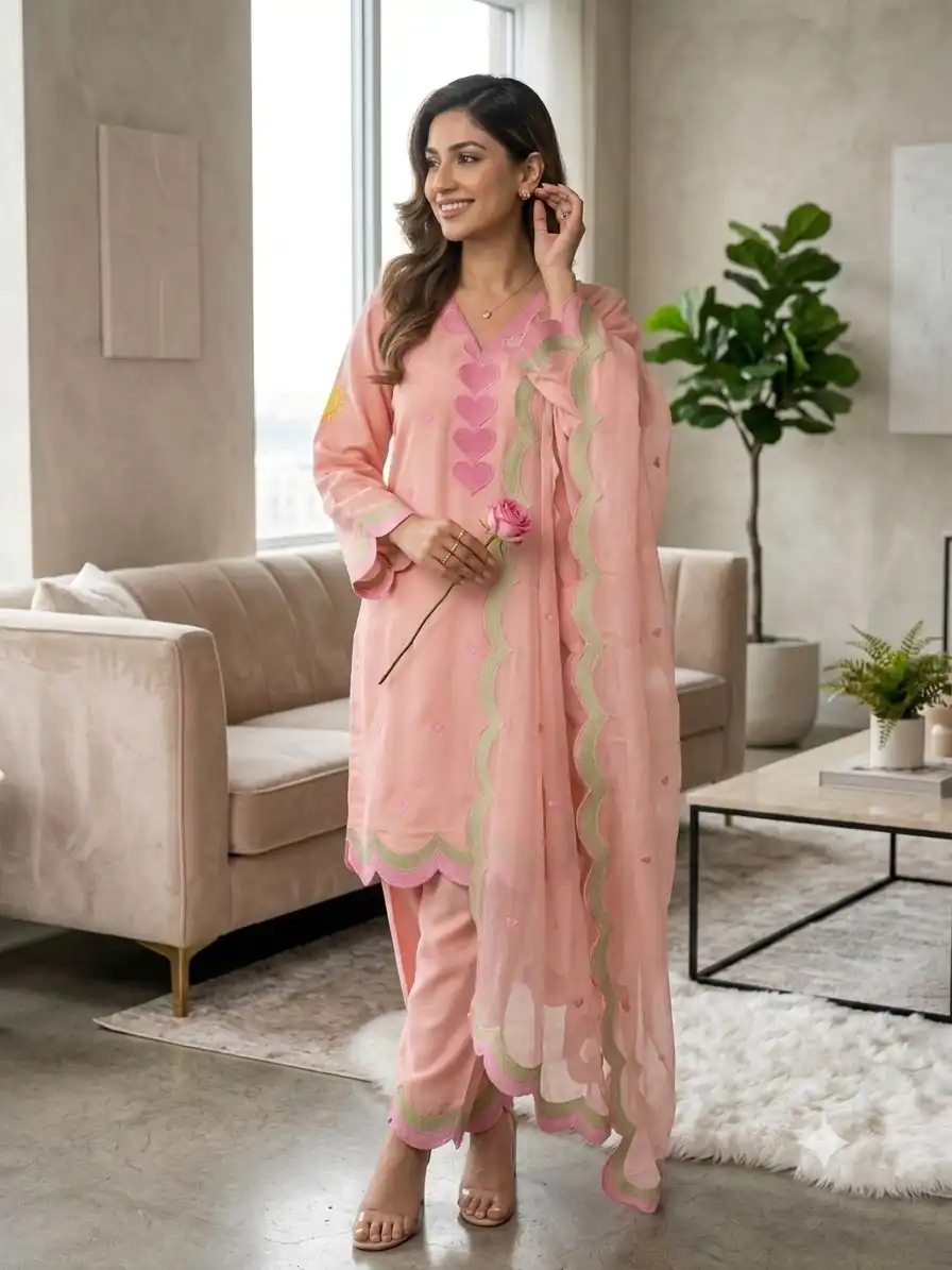 BE 490 Peach Mul Chanderi Salwar Suit with Embroidery Work & Sequins Work. Festive Deal ₹2399. Delivery 4-6 Working Days. Shop nowp | Jump Suits, Straight Suits, Casual Suits, Creative suits, Designer Suits, Palazzo Suits, Party Wear Suits, Patiala Suits, Salwar suit