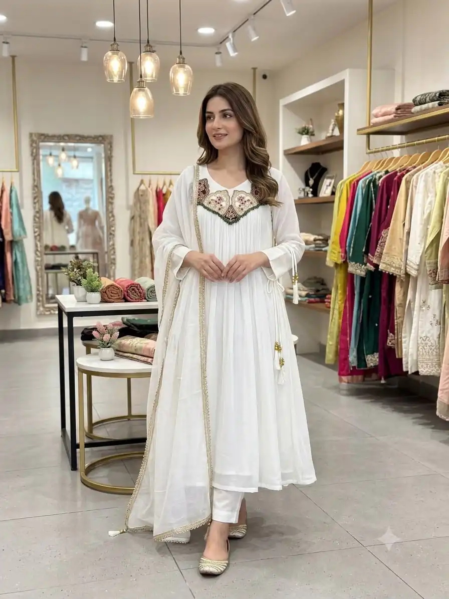 LG 2145 White Mul Chanderi Salwar Suit with Embroidery Work & Sequins Work. Festive Deal ₹2799. Delivery 4-6 Working Days. Shop nowp | Jump Suits, Straight Suits, Casual Suits, Creative suits, Designer Suits, Palazzo Suits, Party Wear Suits, Patiala Suits, Salwar suit