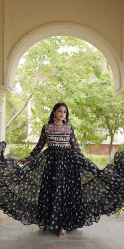 KA 1277 Black in Colour Faux Georgette Bandhani Print Work Gown. Available at ₹2119 only. Delivery 4-6 Working Days. Shop now. | Bollywood Gowns, Creative Gowns, Designer Gowns, Embroidered Gowns, Gowns, Party Wear Gowns