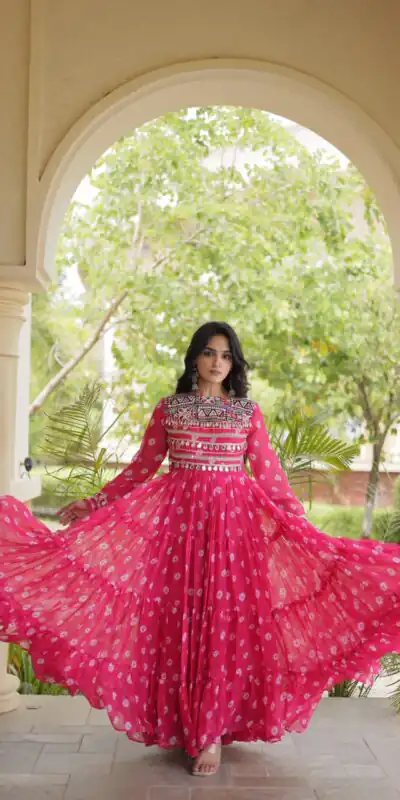 KA 1277 Pink in Colour Faux Georgette Bandhani Print Work Gown. Available at ₹2119 only. Delivery 4-6 Working Days. Shop now. | Bollywood Gowns, Creative Gowns, Designer Gowns, Embroidered Gowns, Gowns, Party Wear Gowns