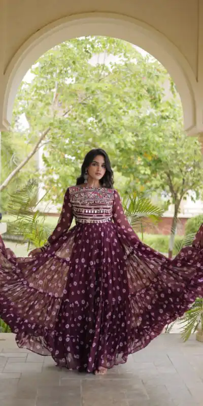 KA 1277 Wine in Colour Faux Georgette Bandhani Print Work Gown. Available at ₹2119 only. Delivery 4-6 Working Days. Shop now. | Bollywood Gowns, Creative Gowns, Designer Gowns, Embroidered Gowns, Gowns, Party Wear Gowns