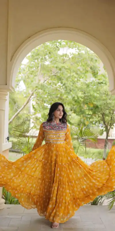KA 1277 Yellow in Colour Faux Georgette Bandhani Print Work Gown. Available at ₹2119 only. Delivery 4-6 Working Days. Shop now. | Bollywood Gowns, Creative Gowns, Designer Gowns, Embroidered Gowns, Gowns, Party Wear Gowns